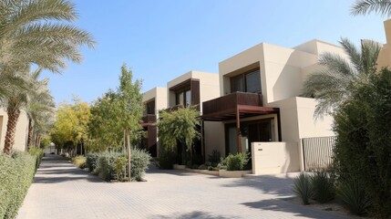 Fototapeta premium Contemporary townhouses in a gated community with paved walkways