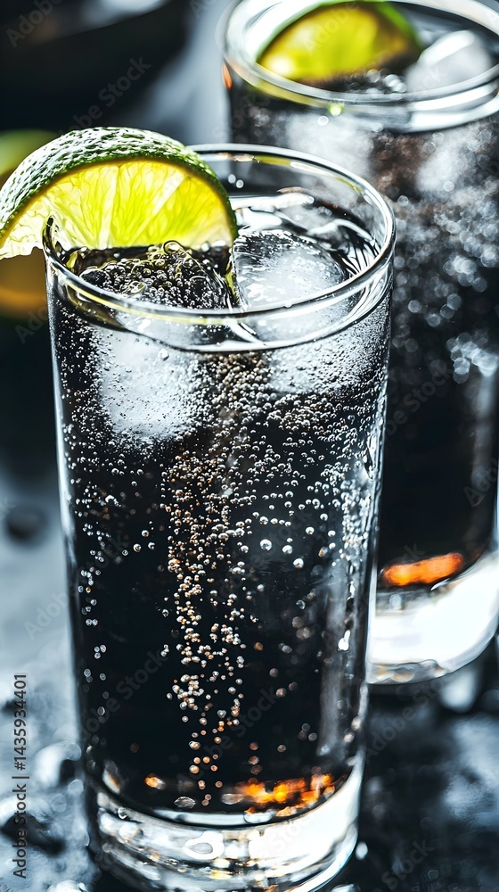 Poster refreshing dark soda with lime in a glass. close-up shot showing bubbles and ice.