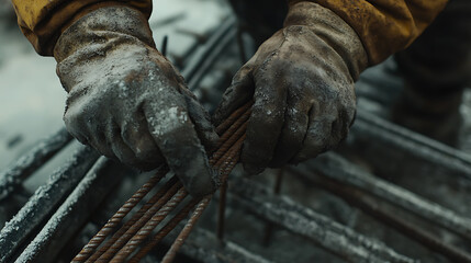 Construction Worker Handling Reinforcement Steel Bars