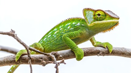 Obraz premium Green Lizard on a Branch with White Background in Natural Setting