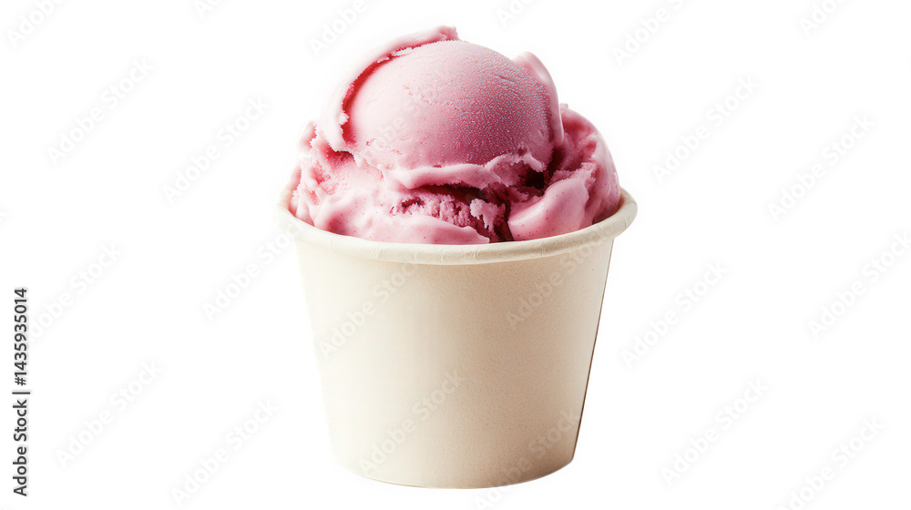 Poster a soft serve of pink ice cream sits in a simple paper cup. showcasing its creamy texture and invitin