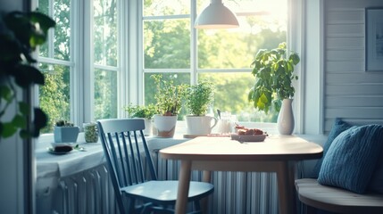 Cozy breakfast nook with large windows in a recently built home