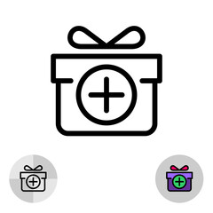 Add gift icon. Extra item in a present box black thin line and color filled styles symbol. Also first aid kit icon. Medical box with cross and gift. Editable stroke.