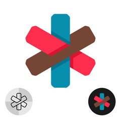 Abstract six rays colorful star logo or multiplication sign stylized as wide bright color origami paper stripes. Multicolor cross symbol.