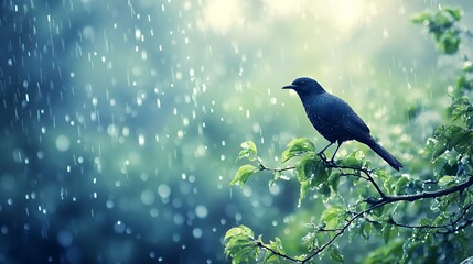 Fototapeta premium A solitary bird perched on a branch amidst a gentle rain, evoking tranquility.
