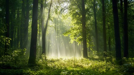 Obraz premium A lush green forest background with tall trees, soft sunlight filtering through the leaves, and a serene mist covering the ground