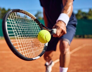 Close-up of a tennis racket holding a yellow tennis ball, with a hand wearing a white wristband gripping the racket on a clay tennis court.