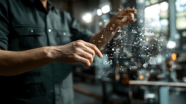 Man interacts with a holographic interface displaying data charts, graphs, and network connections in an industrial setting.  Image depicts innovative technology and data analysis.