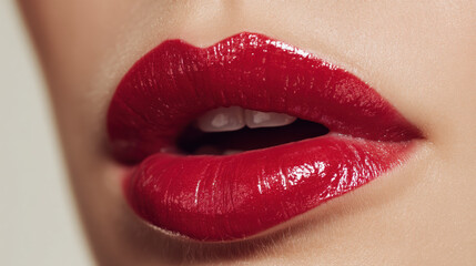 Fototapeta premium Close-Up of Glossy Red Lips with Soft Shadows