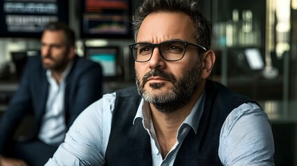 Obraz premium Pensive businessman in glasses, thoughtful expression, office background. Serious, contemplative mood.