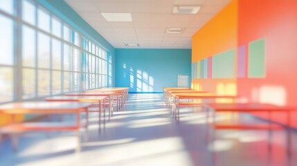 Fototapeta premium Bright, colorful classroom with desks lined up and sun streaming through windows. Ideal for back to school, education, or childhood development-themed designs.