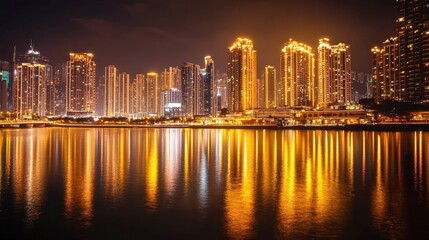 Fototapeta premium A luxurious city skyline at night, with golden lights from elegant buildings reflecting on a calm river