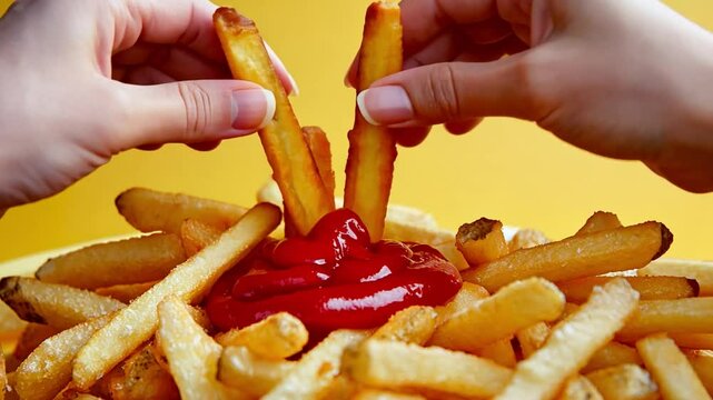 French Fries and Ketchup: A close-up shot of a hand dipping two golden-brown french fries into a pool of bright red ketchup. The fries are piled high in a white plate against a yellow background.