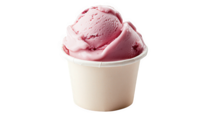 a scoop of pink ice cream is displayed in a simple paper cup. showcasing its smooth texture and vibrant color. inviting viewers to indulge in a sweet treat