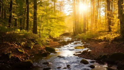 Obraz premium Arroyo tranquilo del bosque al amanecer a principios de otoño, fotografía hiperrealista,