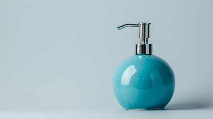 Teal ceramic soap dispenser with chrome pump. Modern bathroom accessory, hand wash.
