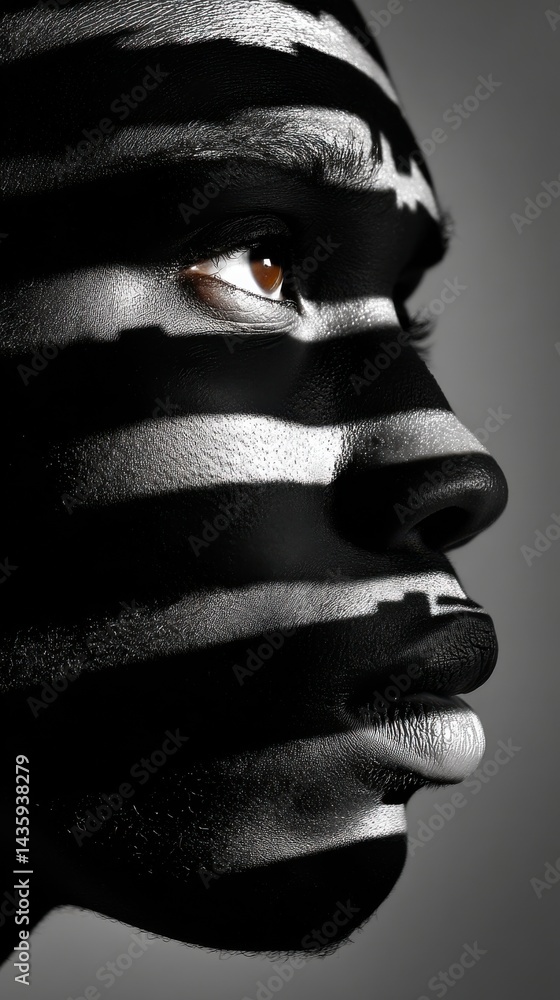 Poster creative portrait highlighting intricate face paint patterns in monochrome, focusing on facial featu