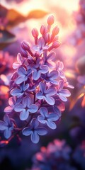 Obraz premium Vibrant lilac flowers blooming during sunset in a serene garden setting