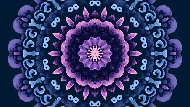 Ornate geometric mandala animation purple and pink floral designs against a deep blue background symmetry that captures artistic finesse and tranquil energy