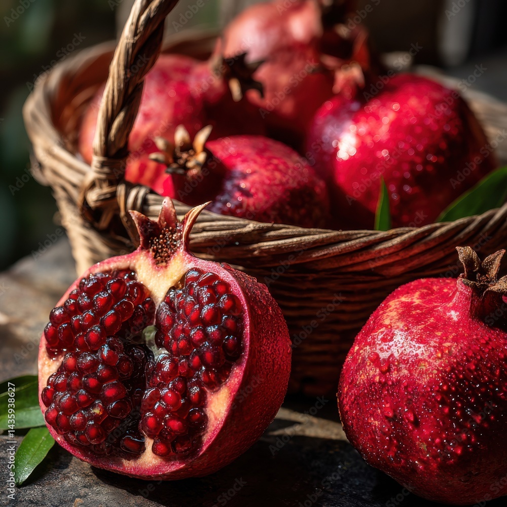 Poster freshly cut pomegranate with a wicker basket filled with whole fruits displayed on a rustic table in