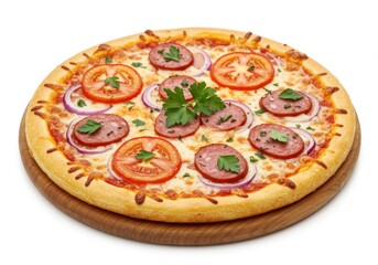 Delicious pizza with pepperoni tomato and onion on wooden plate food