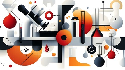 Abstract science illustration featuring microscope, beakers, test tubes, and geometric shapes in orange, red, gray, and black. Perfect for science, research, and technology concepts.