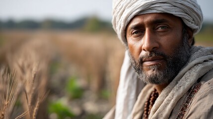 Portrait of a man in traditional clothing, gazing thoughtfully over a golden field during a serene afternoon in a rural landscape