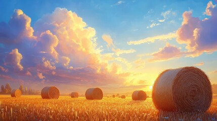 Golden field with hay bales at sunset under a cloudy blue sky. Use this image for agriculture, countryside or rural themed projects.