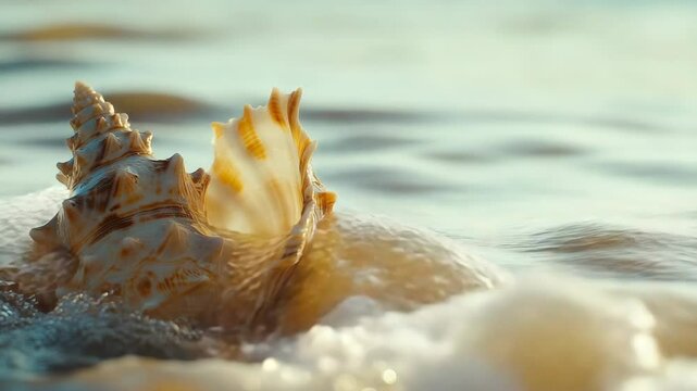 Detailed sea shells sitting on the sand with ocean waves gently crashing on the beach under bright natural sunlight