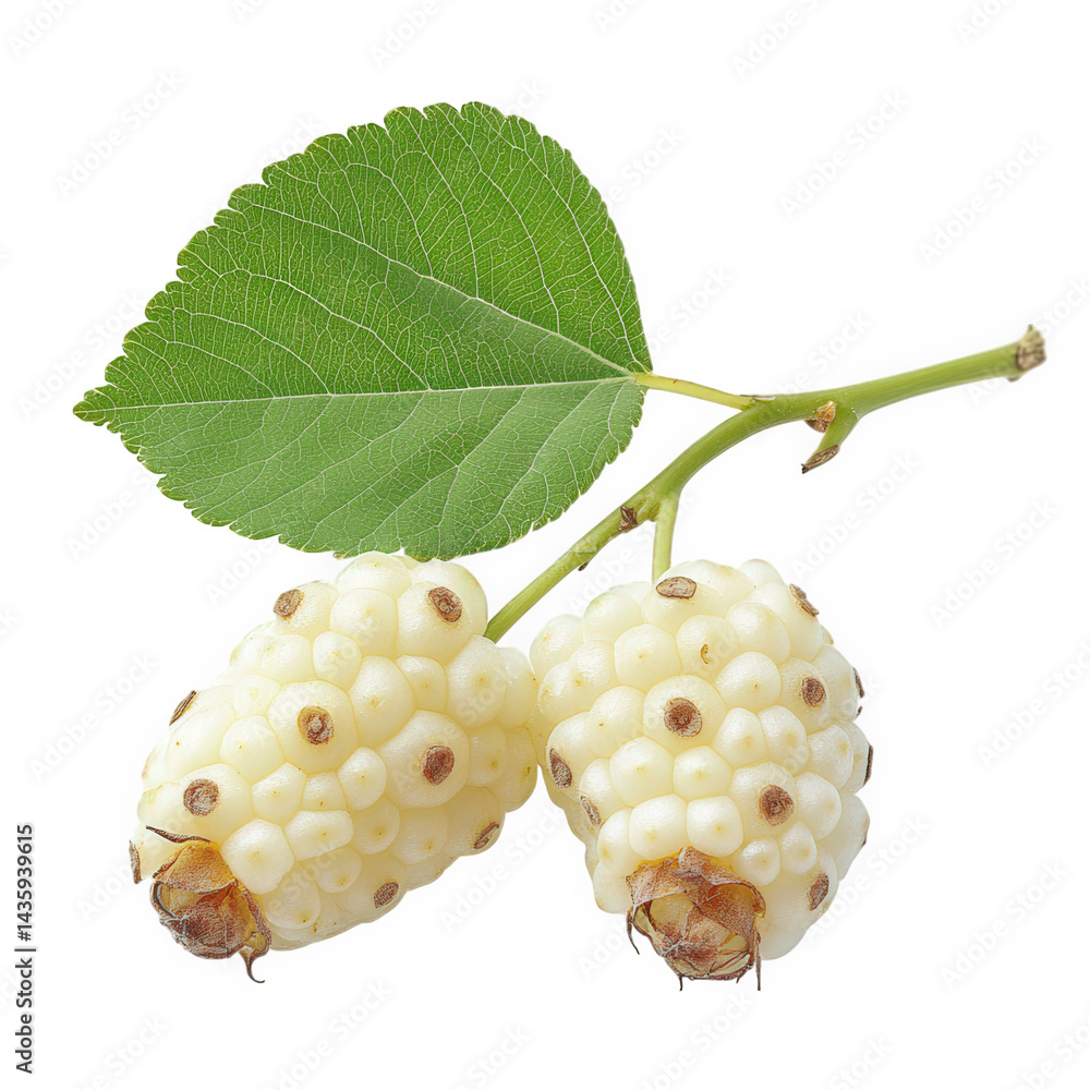 Poster two white. berry-like fruits with a bumpy texture. attached to a green leaf and stem the fruits appe