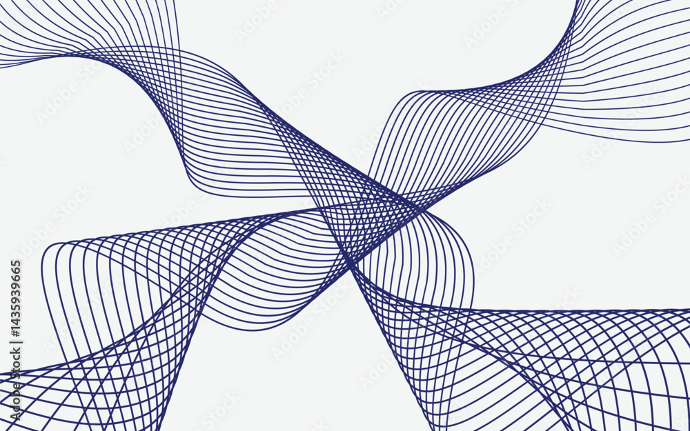 Poster abstract design with multiple layers of fine, curving blue lines against a light gray background. th