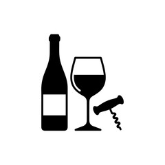 Wine Glass Icon with Bottle and Corkscrew Nearby