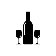 Wine Bottle Icon with Two Glasses Beside It