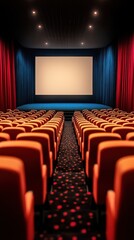 Fototapeta premium Empty cinema hall with orange seats and a large screen ready for movie presentations in a modern theater setting
