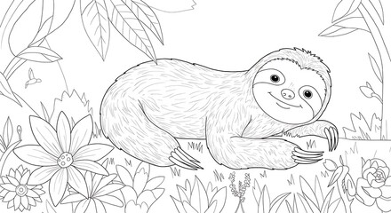 sloth coloring page for kids, Hand drawn sloth Outlined black and white 