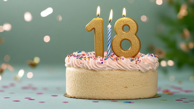 Celebratory cake with candles marking the milestone of turning 18 at a birthday party in a festive setting