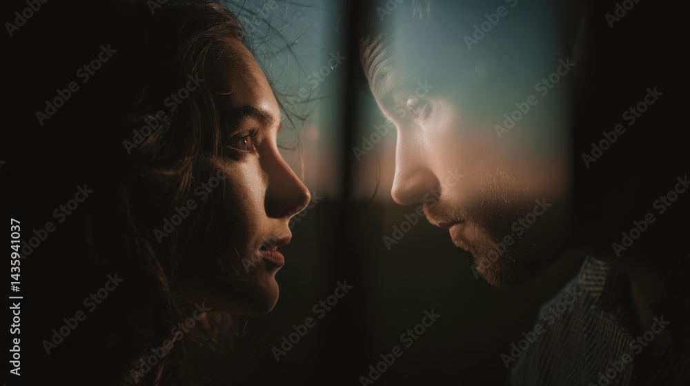 Poster connection between two individuals during dusk with a soft glow surrounding their faces enhancing th