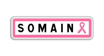 Panneau de sortie de Somain, Nord, Hauts-de-France avec Ruban Octobre Rose