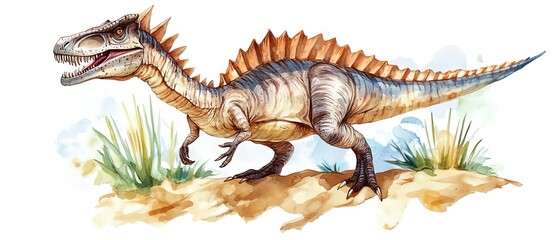 Fototapeta premium Watercolor dinosaur illustration with prehistoric landscape Hand drawn Triceratops with mountains and grass Detailed dino clipart for kids products Children Encyclopedia of ancient