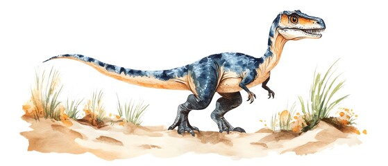 Watercolor painting of a dinosaur in a desert landscape.