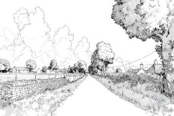 Fototapeta premium Serene Country Road Surrounded by Lush Greenery and Fields