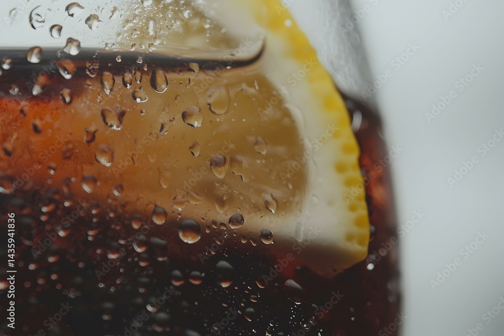 Poster close-up of a refreshing cola drink with ice and lemon. perfect for summer thirst.