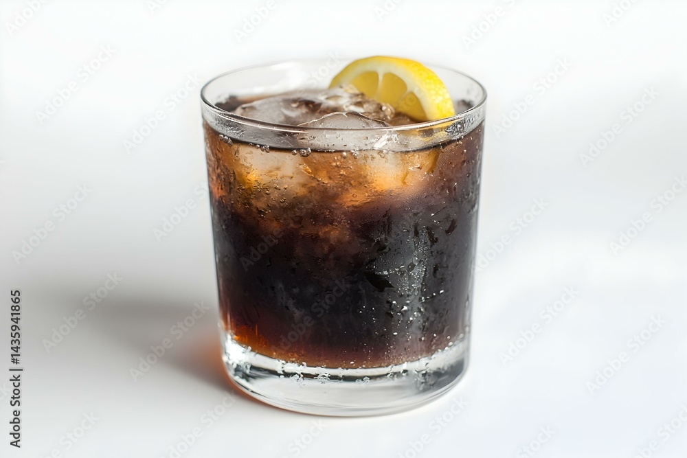 Poster refreshing cola drink with ice and lemon in a rocks glass. perfect for summer refreshment or casual 