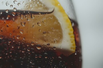 Close-up of a refreshing cola drink with ice and lemon.  Perfect for summer thirst.
