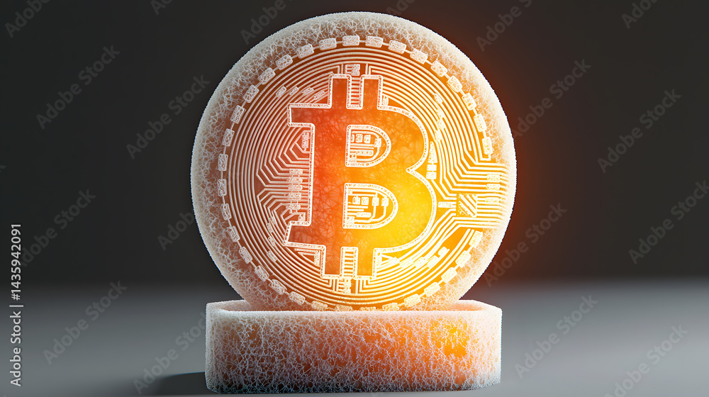 Poster floating bitcoin icon digital space photorealistic artwork high-tech environment close-up view crypt