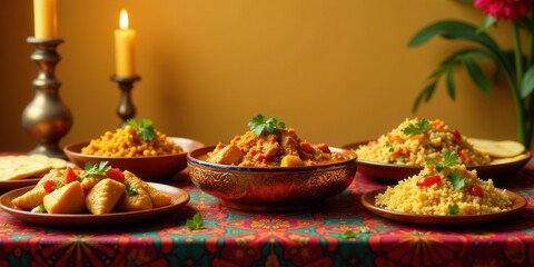 Naklejka premium Aromatic Cuisine Savory Stew, Fluffy Grains, and Crispy Bites Served on an Ornate Table