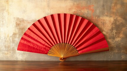 A traditional red Chinese fan with a single gold accent, creating a sense of elegance.