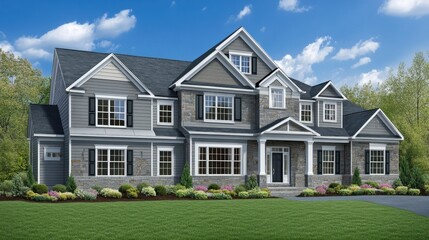 Obraz premium Large suburban house with landscaped yard and clean exterior paint