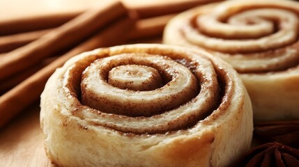 Fototapeta premium Freshly Baked Cinnamon Rolls on Wooden Table with Spices