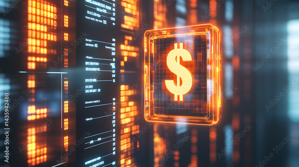 Poster glowing dollar icon display digital finance hub 3d animation futuristic environment close-up view cu